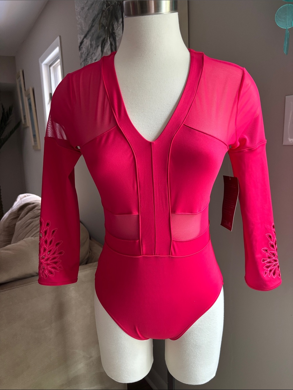 NWT! Bright Cranberry Mesh Panel Long Sleeve Bodysuit Org $55